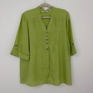 Deane White Womens 1X 100% Linen Green Button Up Shirt 1/2 Sleeve Fall Workwear